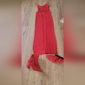 NEW Red Knitted Maxi Shirt And Top W/ Fringe Suede Boots SLIGHT used  Included